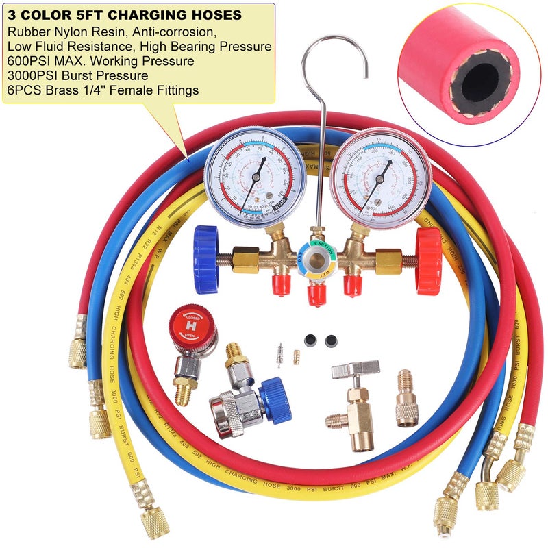 JIFETOR 3 Way AC Manifold Gauge Set, HVAC Diagnostic Charging Tool for Auto Household R404A R134A Refrigerant, with 5FT Hose, Adjustable Quick Coupler, Can Tap and Adapter - Image 5